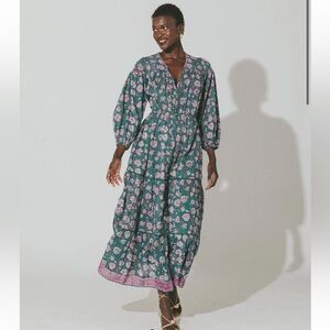 New Cleobella jade grace ankle dress maxi green sage olive block print patterned